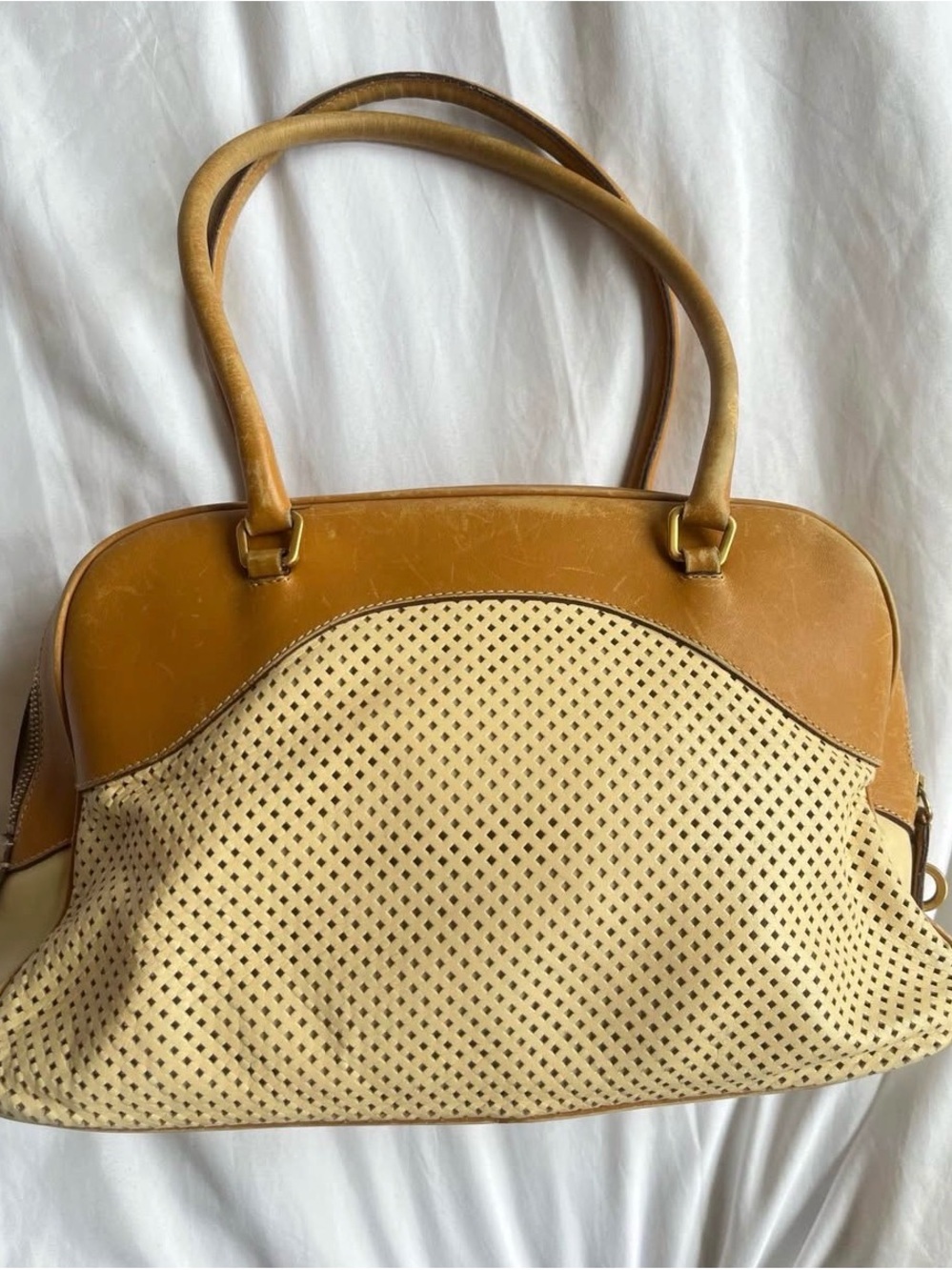 Prada Tan and Cream Perforated Shoulder Bag - Picture 3 of 8